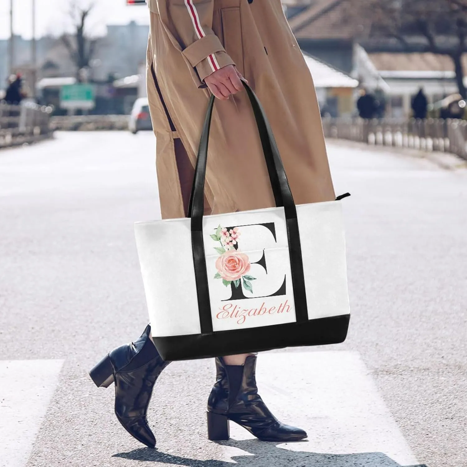 Letter A Customized Laptop Tote Bag for Women Handbags Purse Canvas Teacher Tote Bags Work Travel Bag with Zipper