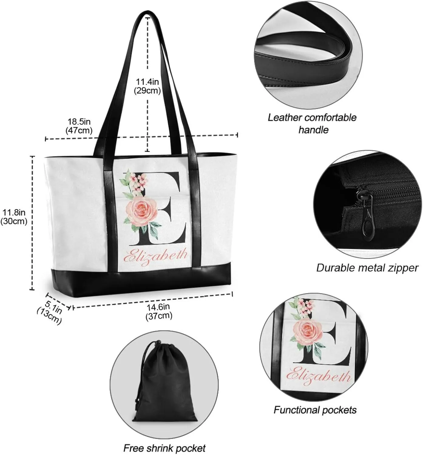 Letter A Customized Laptop Tote Bag for Women Handbags Purse Canvas Teacher Tote Bags Work Travel Bag with Zipper