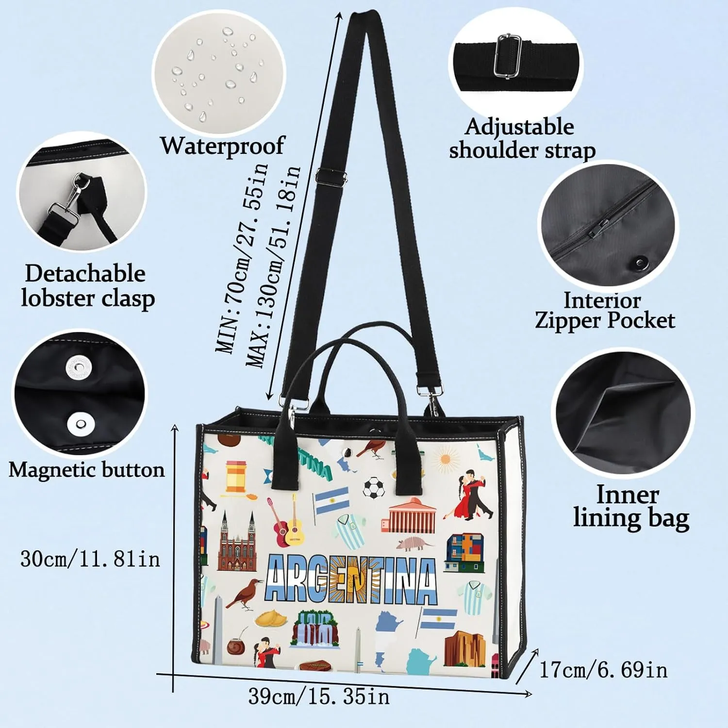 LEVLO Argentina Travel Tote Bag Argentina Souvenir Gift Republic of Argentina Trip Shoulder Bag Argentina Soccer Merchandise