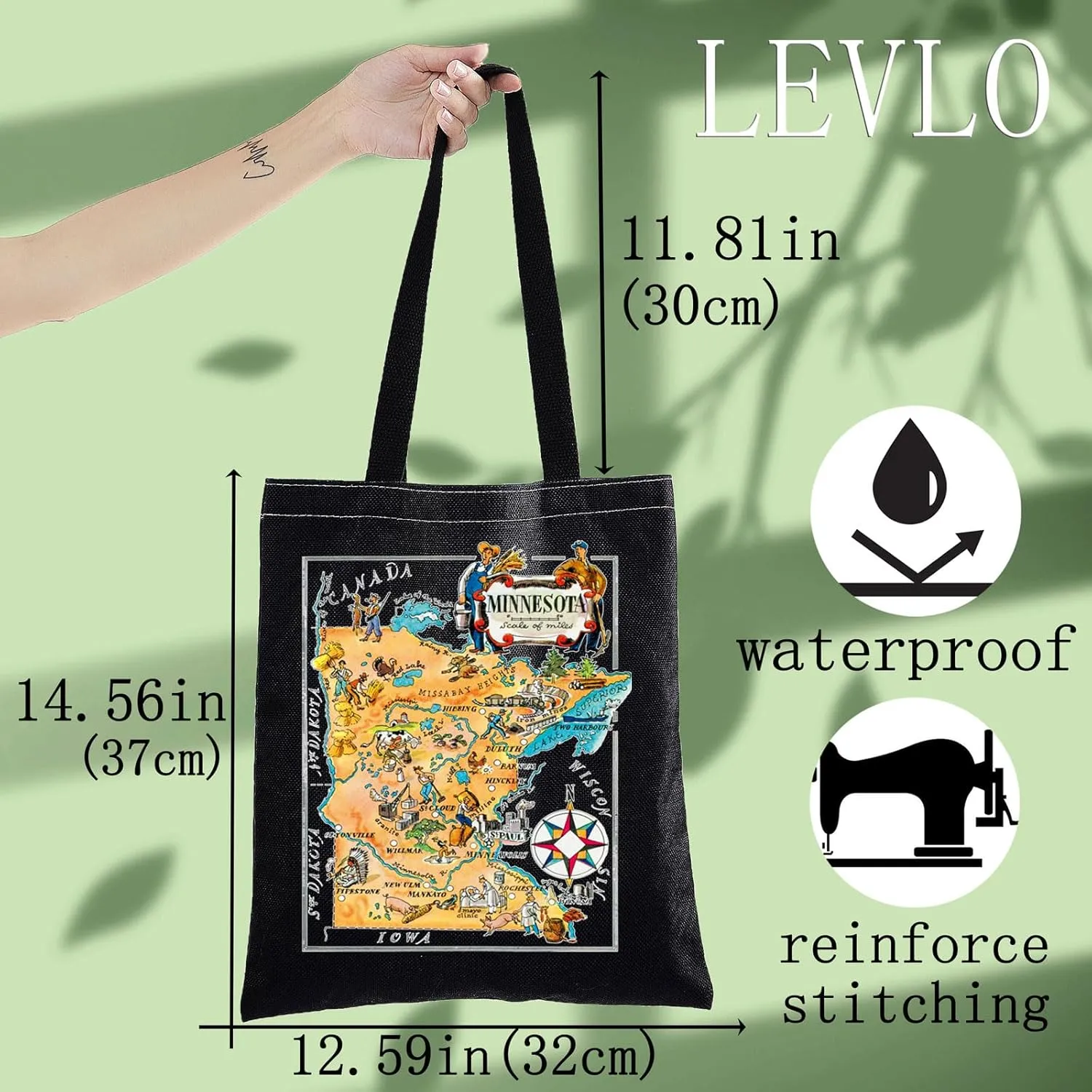 LEVLO Fun State Map Tote Bag - Minnesota Travel Souvenir Gift - 1940's Minnesota Cartoon Illustration Shoulder Bag
