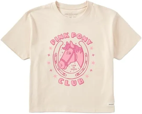 Life is Good. Women's Pink Pony Club Crusher Boxy Tee, Putty White