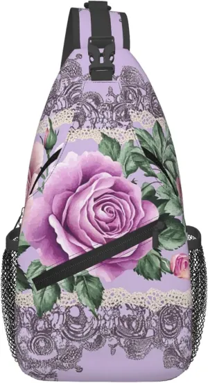 Lilac Lace Flower Sling Bag Crossbody Backpack, Rose Floral Sling Chest Bag for Women Men Travel Gym Daypack