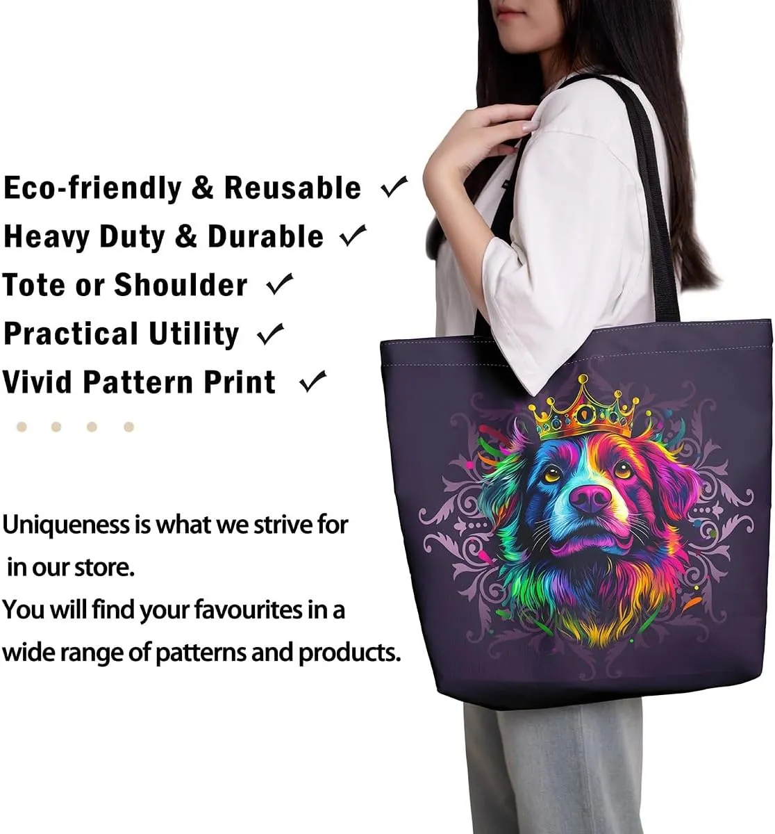 Lion Tote Bag,Black Damask Flowers Canvas Tote Bag