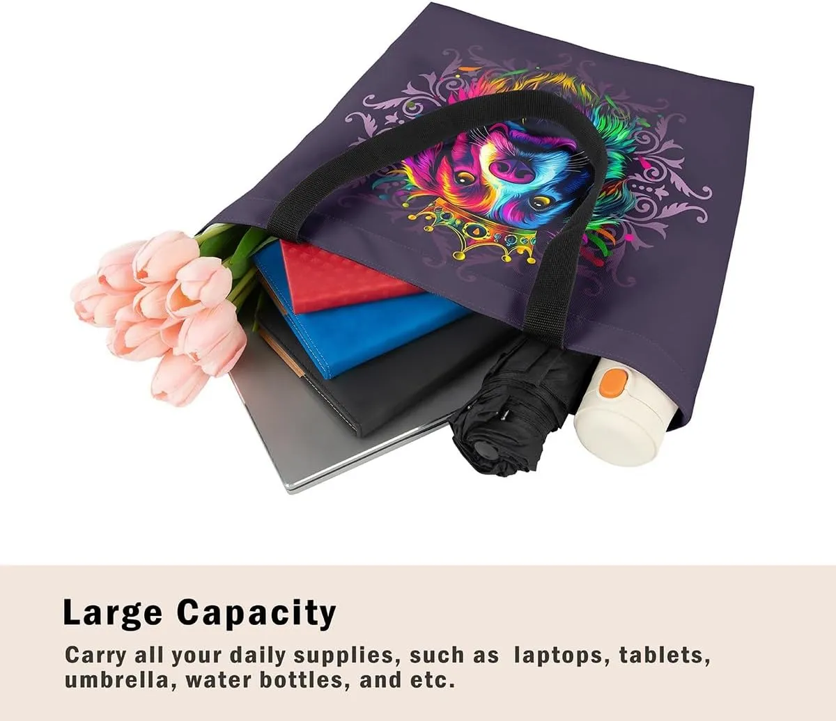 Lion Tote Bag,Black Damask Flowers Canvas Tote Bag