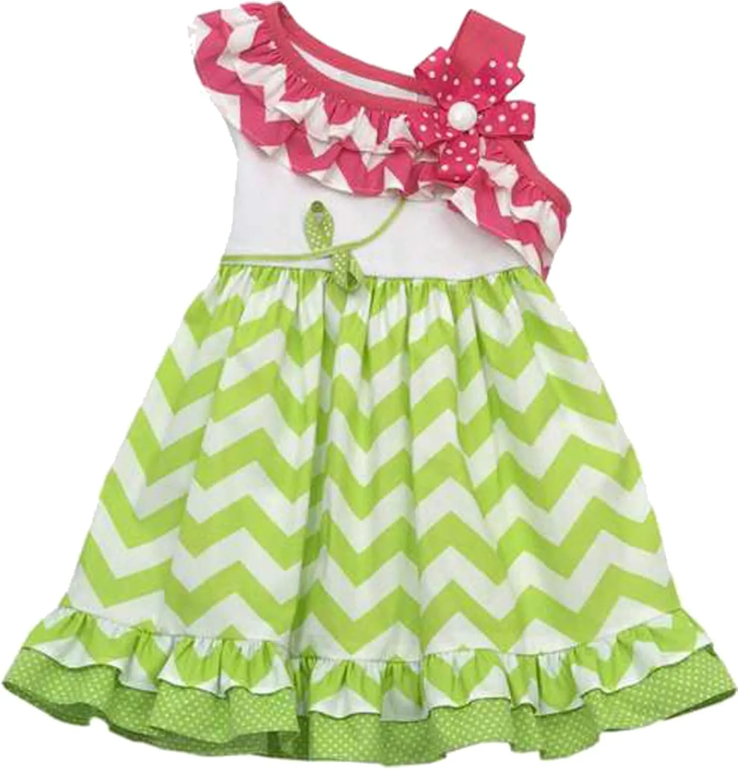 Little Girls 2T-6X Green/White/Pink Chevron Stripe One Shoulder Dress