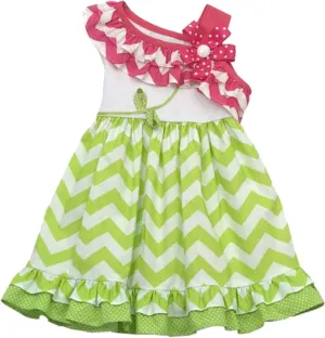 Little Girls 2T-6X Green/White/Pink Chevron Stripe One Shoulder Dress