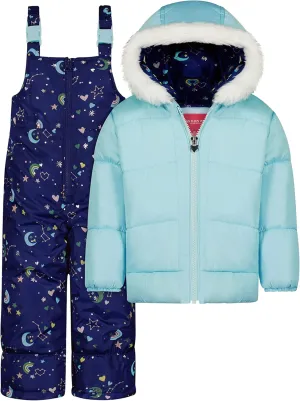 LONDON FOG Girls' Baby Water Resistant Two-Piece Winter Snowsuit - Includes Snowsuit   Hooded Fleece Lined Jacket with Foil Stars & Moon Print, Light Blue, 12MO