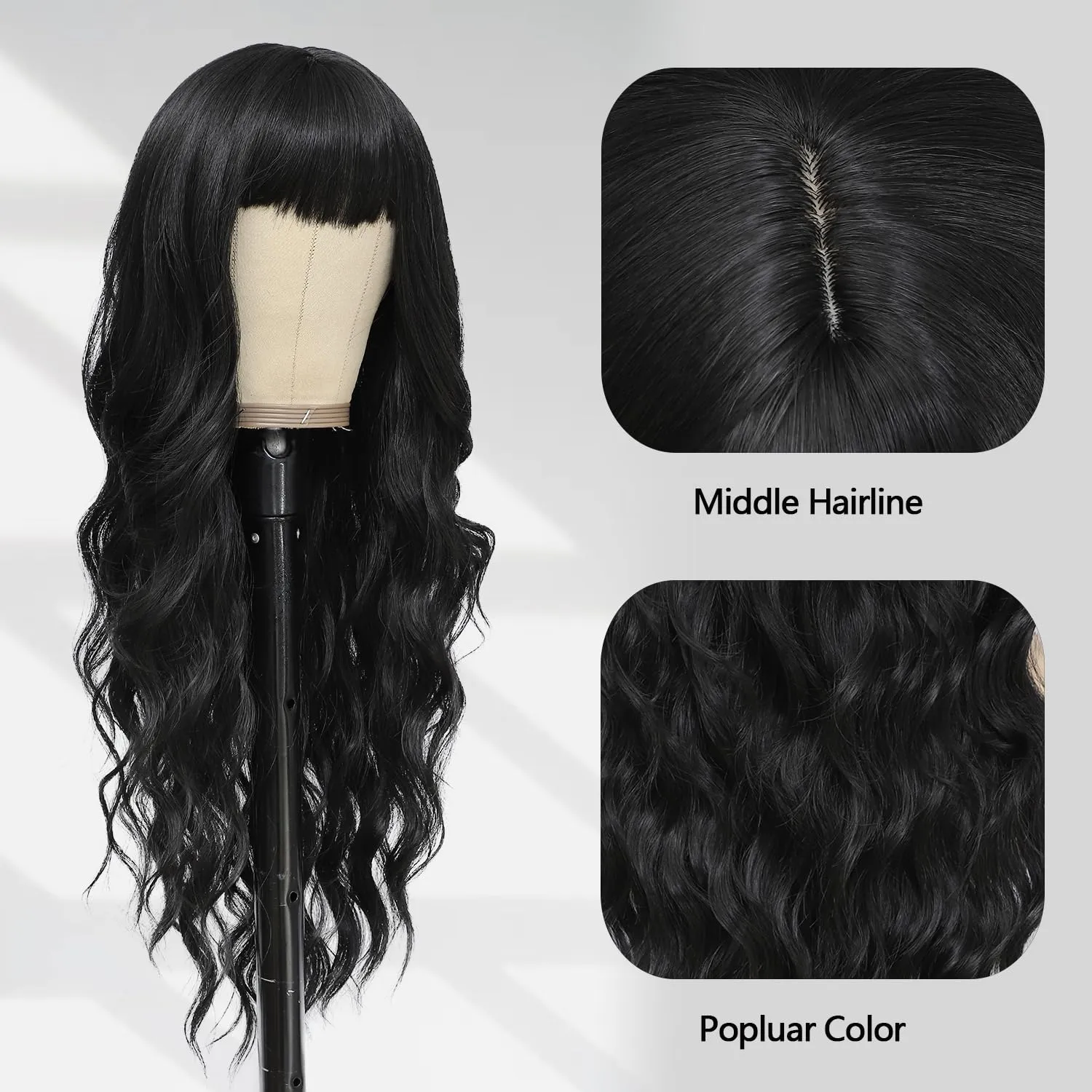 Lovenia-Long Black Wig with Bangs for Women Natural Wavy Wig for Women 26" Synthetic Wigs Heat Resistant Fiber Long Wavy Curly Hair with Bangs Middle Part Daily Party Fancy Wig