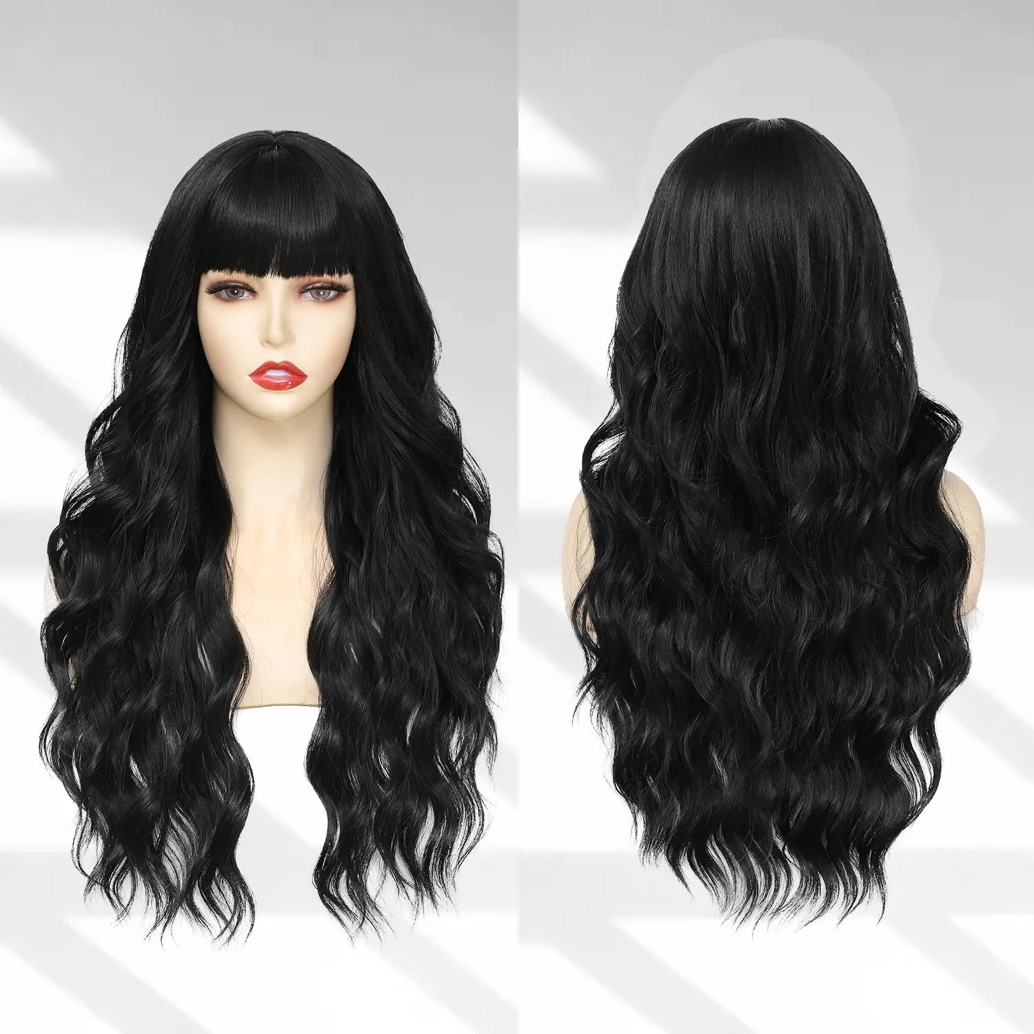 Lovenia-Long Black Wig with Bangs for Women Natural Wavy Wig for Women 26" Synthetic Wigs Heat Resistant Fiber Long Wavy Curly Hair with Bangs Middle Part Daily Party Fancy Wig