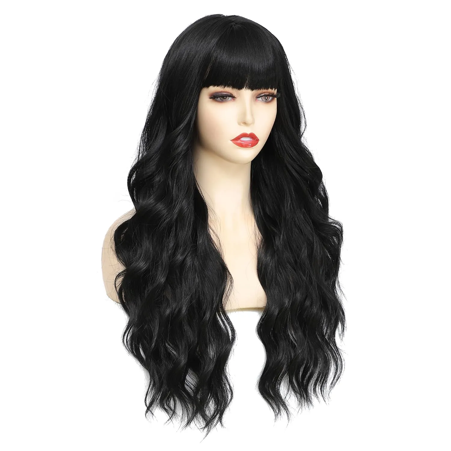 Lovenia-Long Black Wig with Bangs for Women Natural Wavy Wig for Women 26" Synthetic Wigs Heat Resistant Fiber Long Wavy Curly Hair with Bangs Middle Part Daily Party Fancy Wig