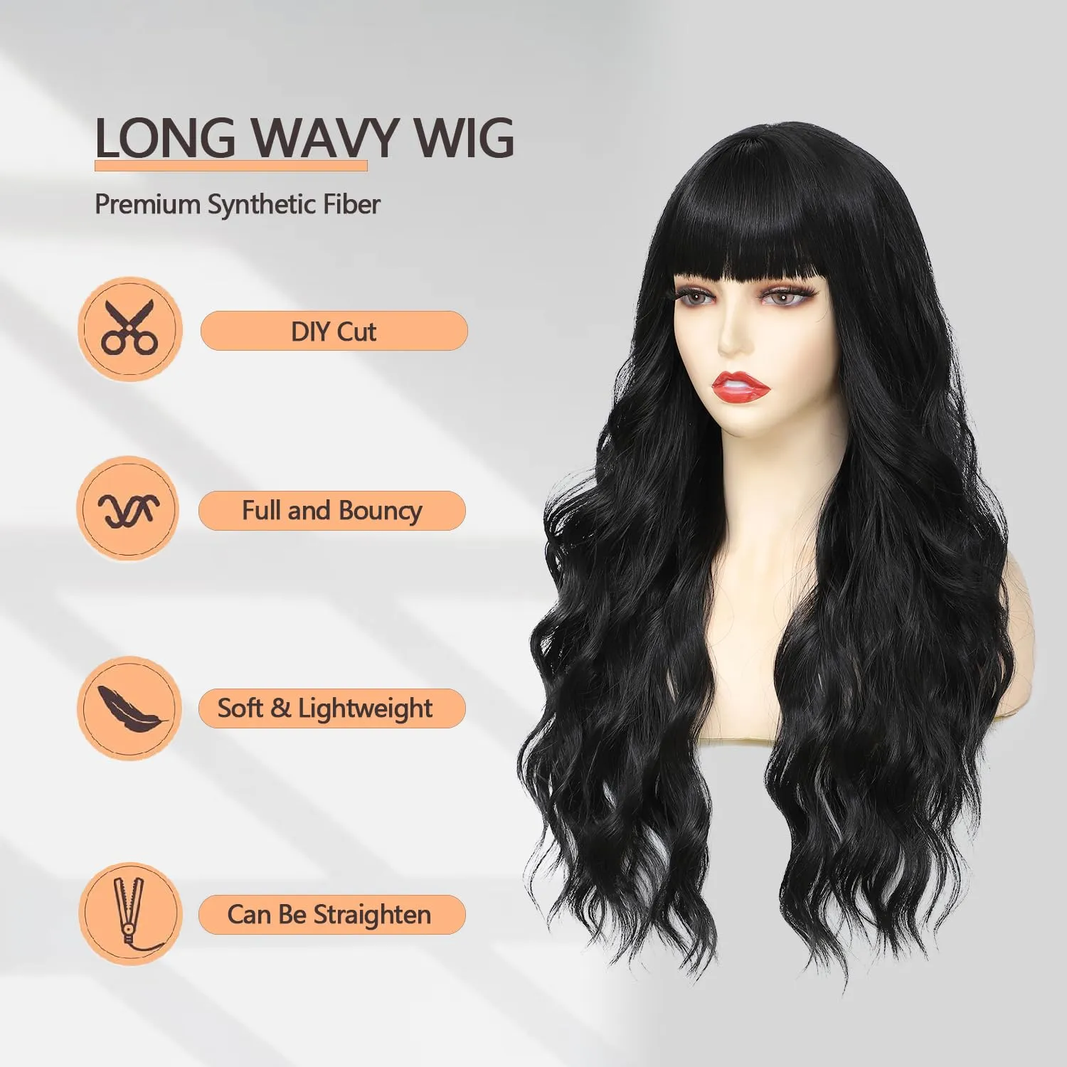 Lovenia-Long Black Wig with Bangs for Women Natural Wavy Wig for Women 26" Synthetic Wigs Heat Resistant Fiber Long Wavy Curly Hair with Bangs Middle Part Daily Party Fancy Wig