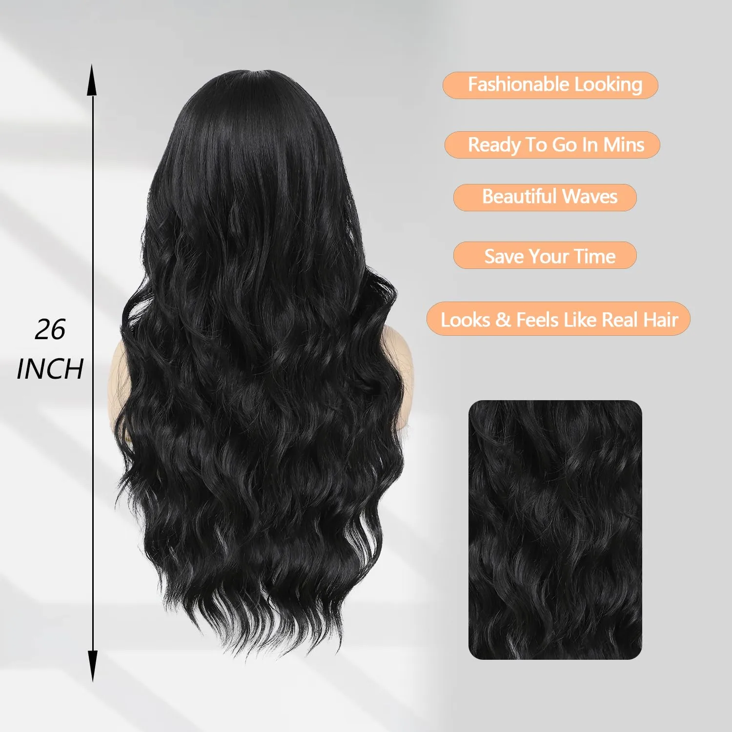 Lovenia-Long Black Wig with Bangs for Women Natural Wavy Wig for Women 26" Synthetic Wigs Heat Resistant Fiber Long Wavy Curly Hair with Bangs Middle Part Daily Party Fancy Wig