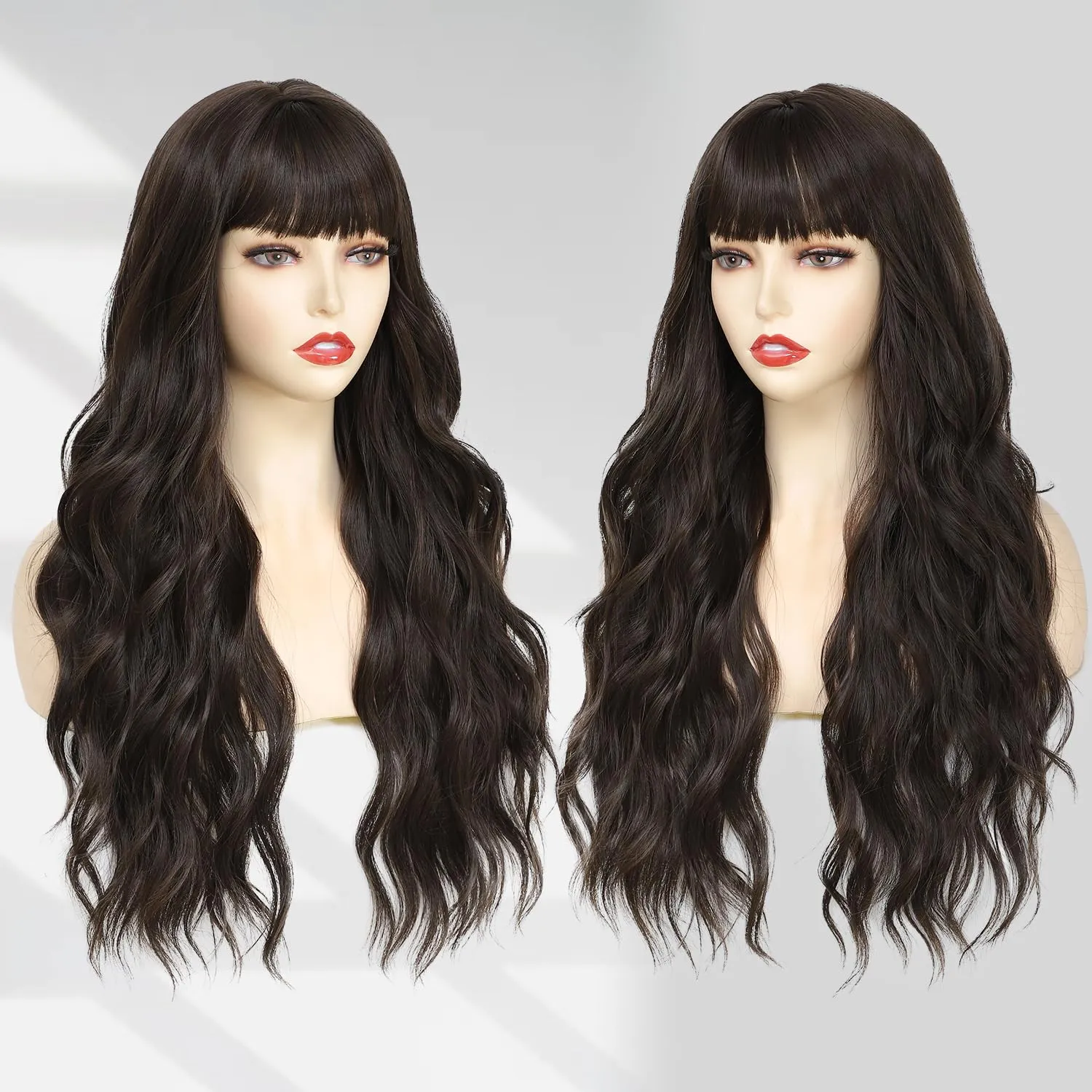 Lovenia-Long Brown Wig with Bangs for Women 26" Long Natural Loose Wave Hair for Women Dark Brown Curly Hair Brunette Wigs Middle Part Hair Replacement Wig