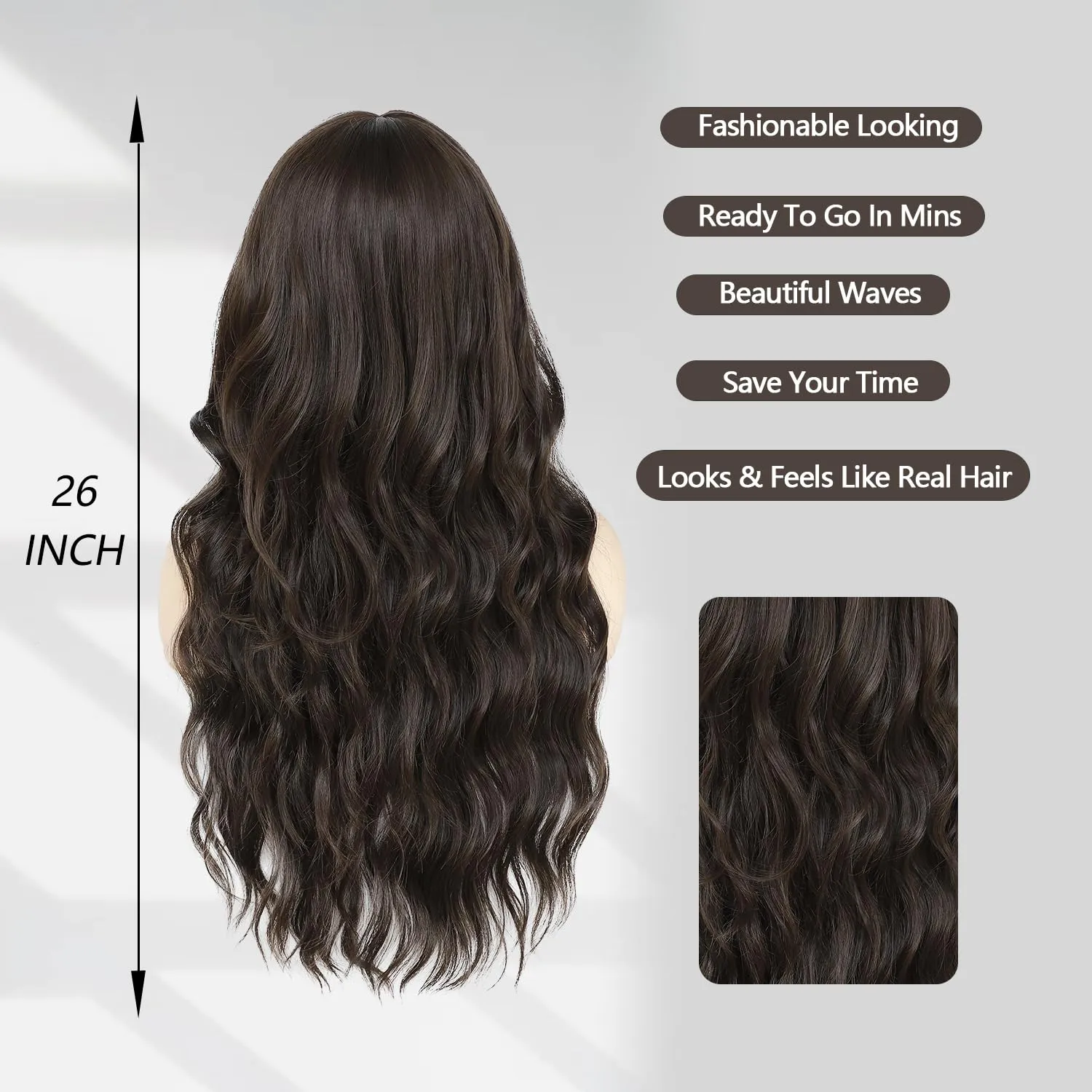 Lovenia-Long Brown Wig with Bangs for Women 26" Long Natural Loose Wave Hair for Women Dark Brown Curly Hair Brunette Wigs Middle Part Hair Replacement Wig