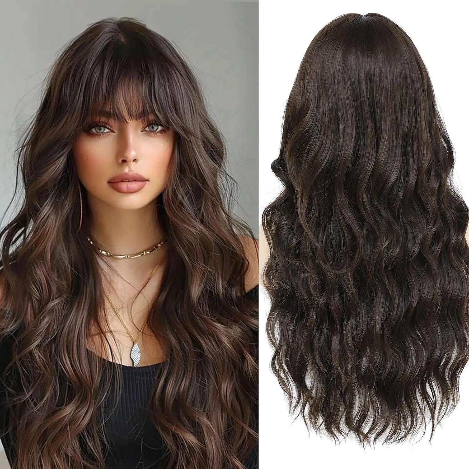 Lovenia-Long Brown Wig with Bangs for Women 26" Long Natural Loose Wave Hair for Women Dark Brown Curly Hair Brunette Wigs Middle Part Hair Replacement Wig