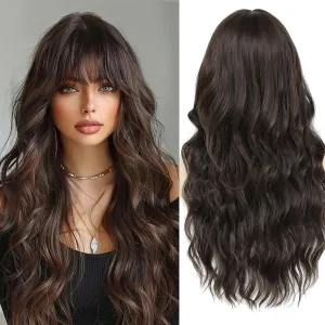Lovenia-Long Brown Wig with Bangs for Women 26" Long Natural Loose Wave Hair for Women Dark Brown Curly Hair Brunette Wigs Middle Part Hair Replacement Wig