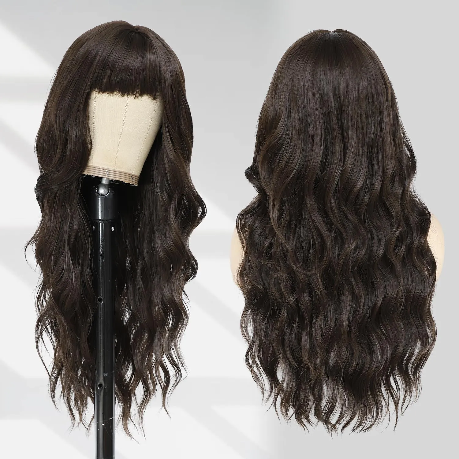 Lovenia-Long Brown Wig with Bangs for Women 26" Long Natural Loose Wave Hair for Women Dark Brown Curly Hair Brunette Wigs Middle Part Hair Replacement Wig