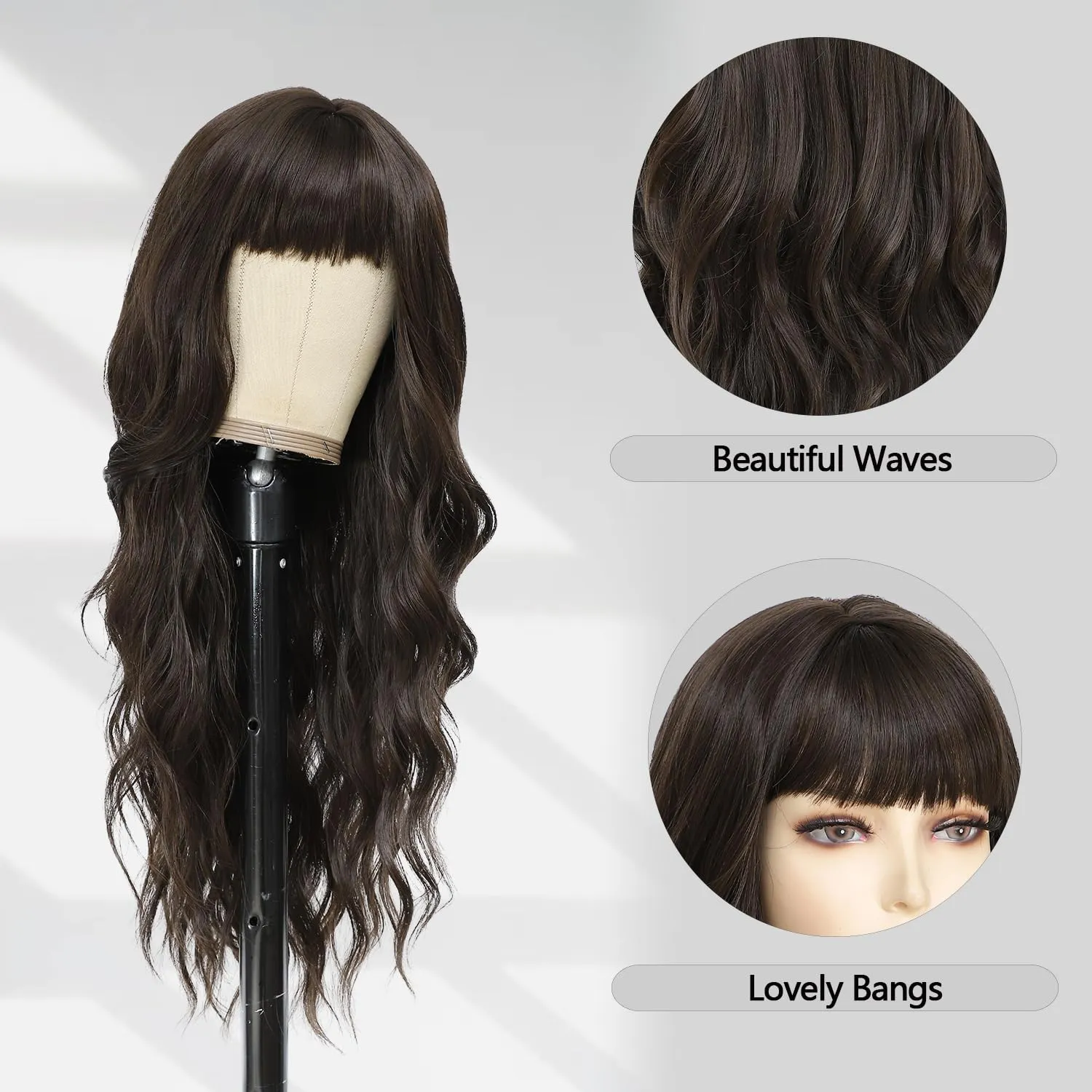 Lovenia-Long Brown Wig with Bangs for Women 26" Long Natural Loose Wave Hair for Women Dark Brown Curly Hair Brunette Wigs Middle Part Hair Replacement Wig