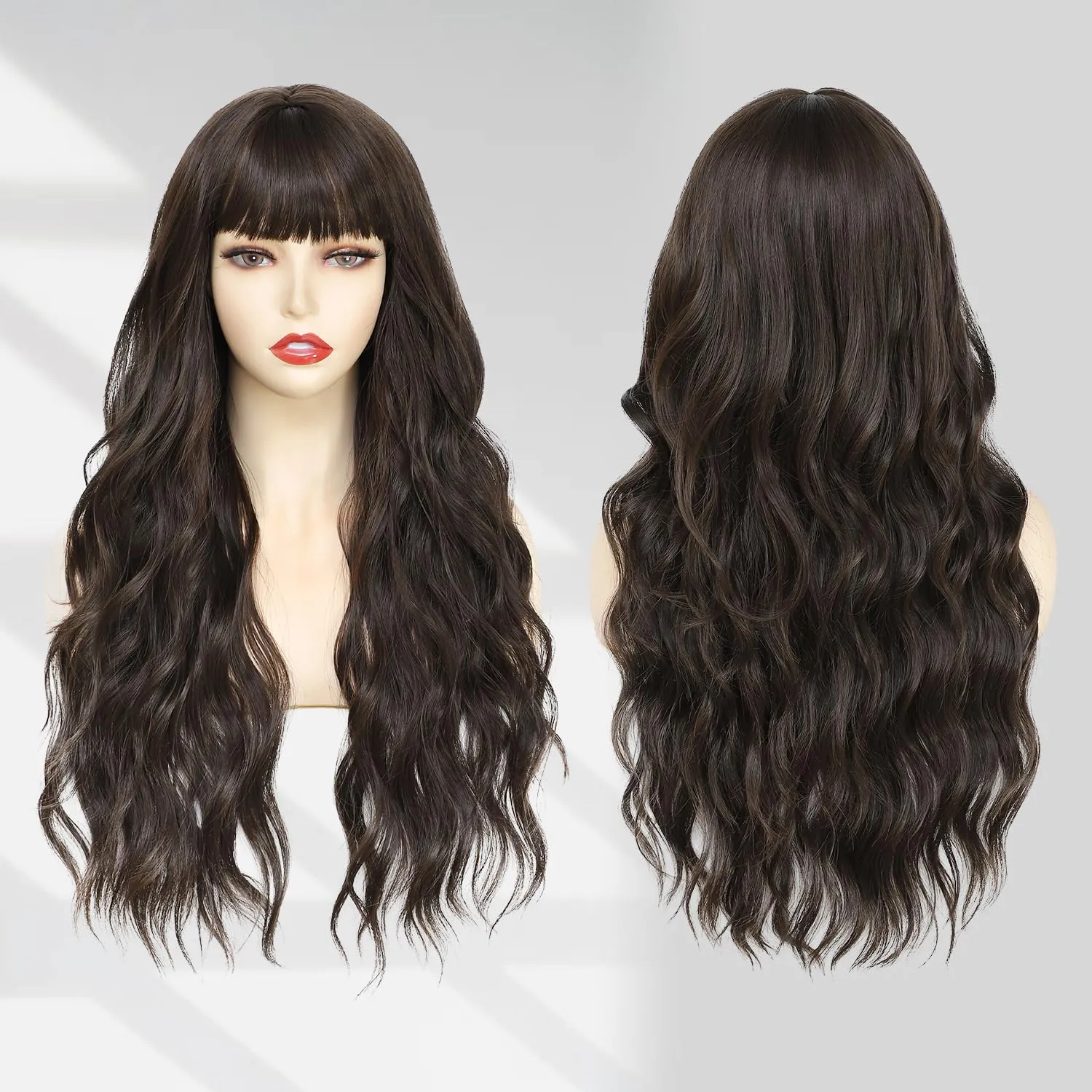 Lovenia-Long Brown Wig with Bangs for Women 26" Long Natural Loose Wave Hair for Women Dark Brown Curly Hair Brunette Wigs Middle Part Hair Replacement Wig