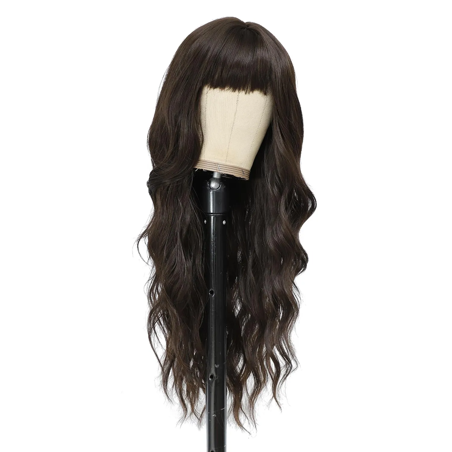 Lovenia-Long Brown Wig with Bangs for Women 26" Long Natural Loose Wave Hair for Women Dark Brown Curly Hair Brunette Wigs Middle Part Hair Replacement Wig