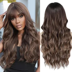 Lovenia Long Highlight Brown Wig for Women 26" Dark Brown Wig with Bangs Wavy Hair Money Piece Hairs Brown Highlight Wigs Soft Natural Hair Wear and Go Medium Length All Season Wigs