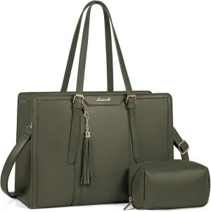 LOVEVOOK Laptop Bag for Women - 15.6 inch Lightweight PU Laptop Tote, Large Capacity Computer Bag with Clutch Purse for Business, Work, Travel, School, Casual (Olive Green, 15.6 Inch)