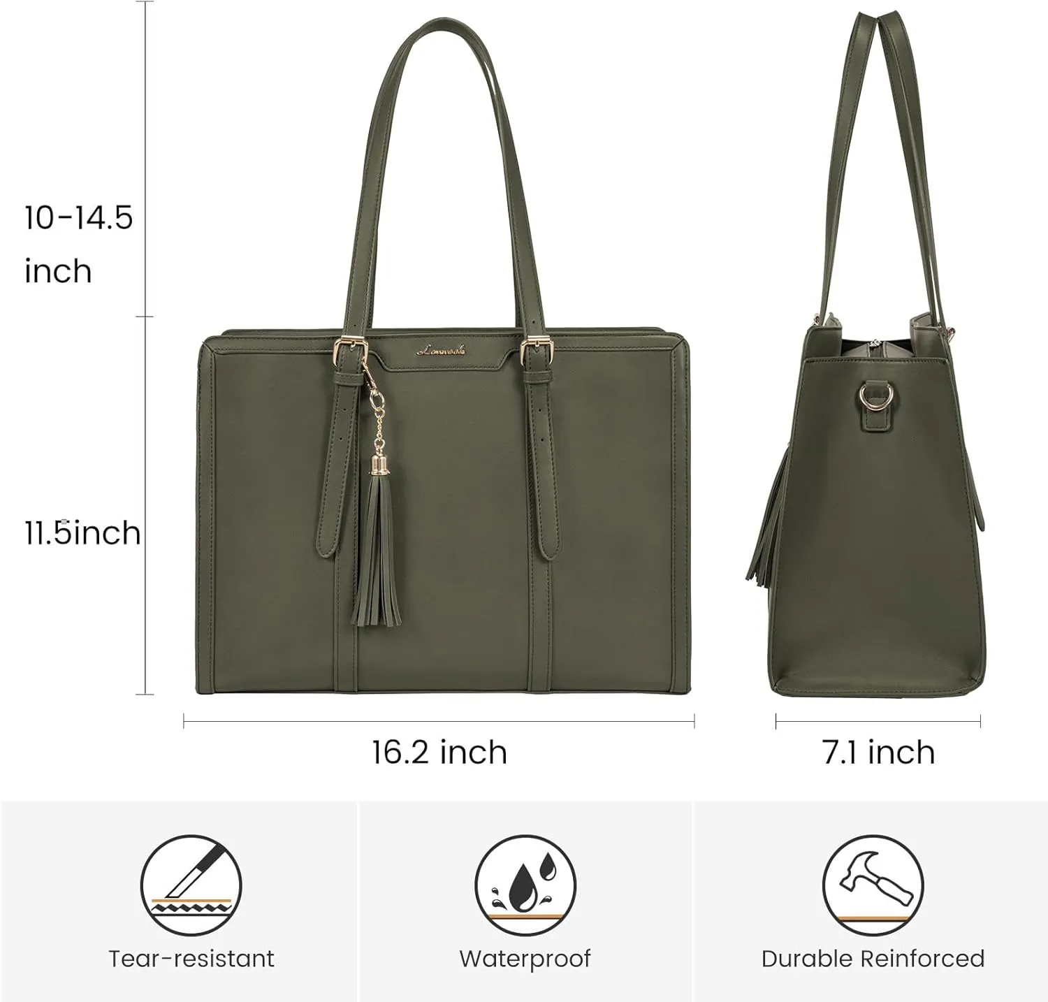 LOVEVOOK Laptop Bag for Women - 15.6 inch Lightweight PU Laptop Tote, Large Capacity Computer Bag with Clutch Purse for Business, Work, Travel, School, Casual (Olive Green, 15.6 Inch)
