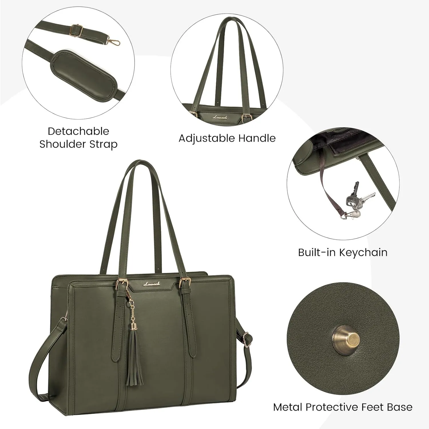LOVEVOOK Laptop Bag for Women - 15.6 inch Lightweight PU Laptop Tote, Large Capacity Computer Bag with Clutch Purse for Business, Work, Travel, School, Casual (Olive Green, 15.6 Inch)