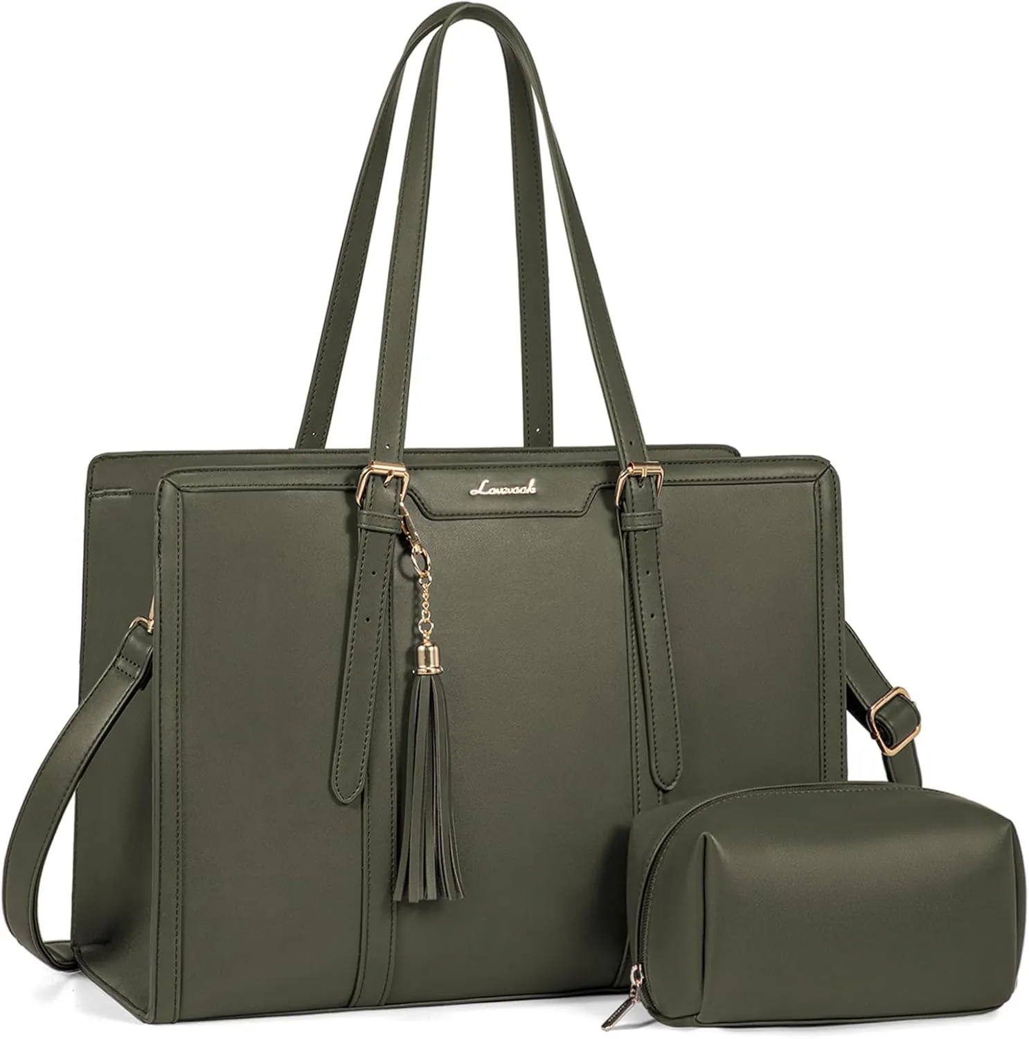 LOVEVOOK Laptop Bag for Women - 15.6 inch Lightweight PU Laptop Tote, Large Capacity Computer Bag with Clutch Purse for Business, Work, Travel, School, Casual (Olive Green, 15.6 Inch)
