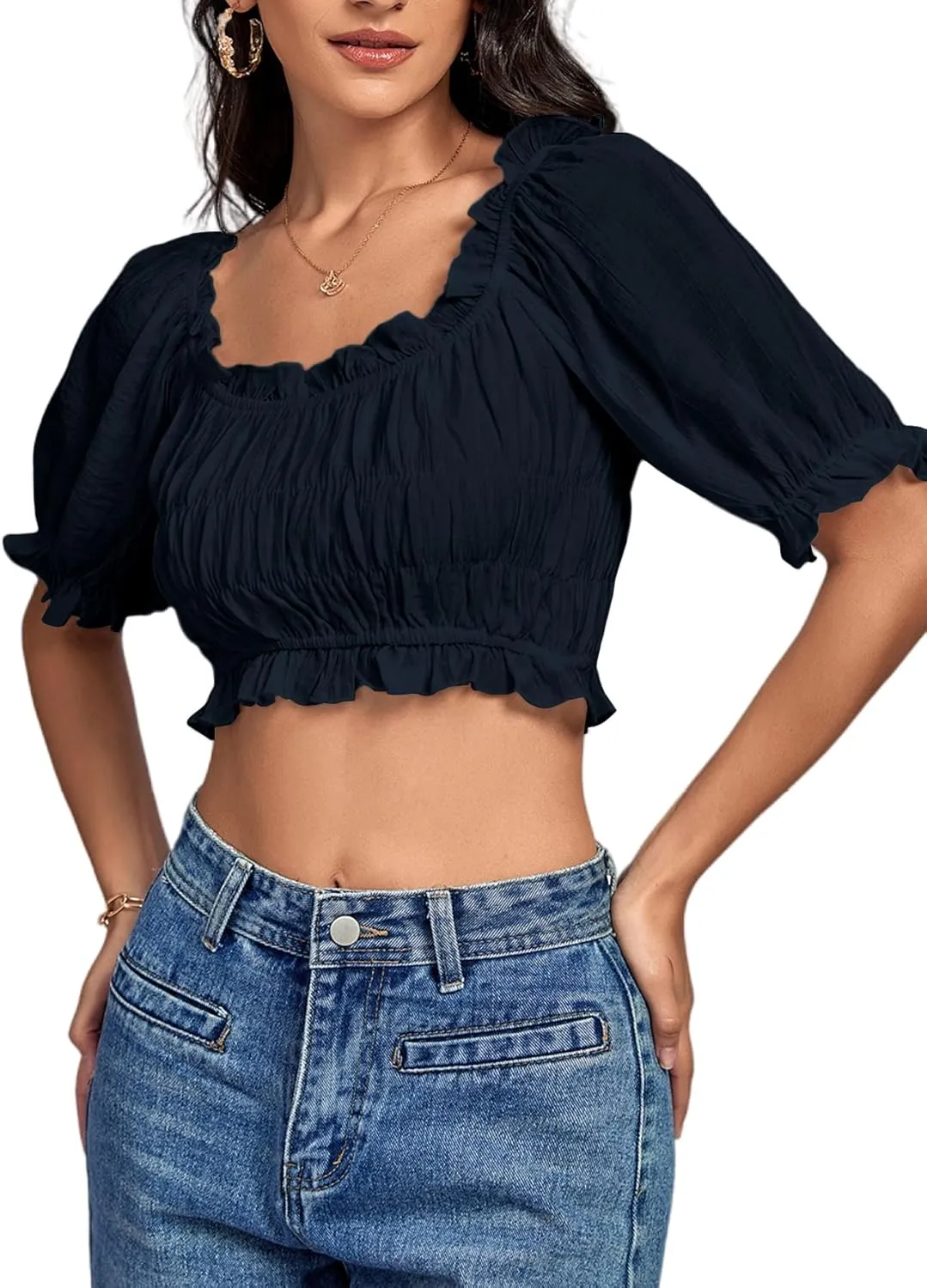 LYANER Women's Off Shoulder Ruffle Trim Ruched Short Sleeve Blouse Crop Top