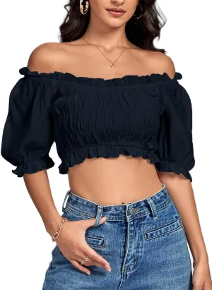 LYANER Women's Off Shoulder Ruffle Trim Ruched Short Sleeve Blouse Crop Top