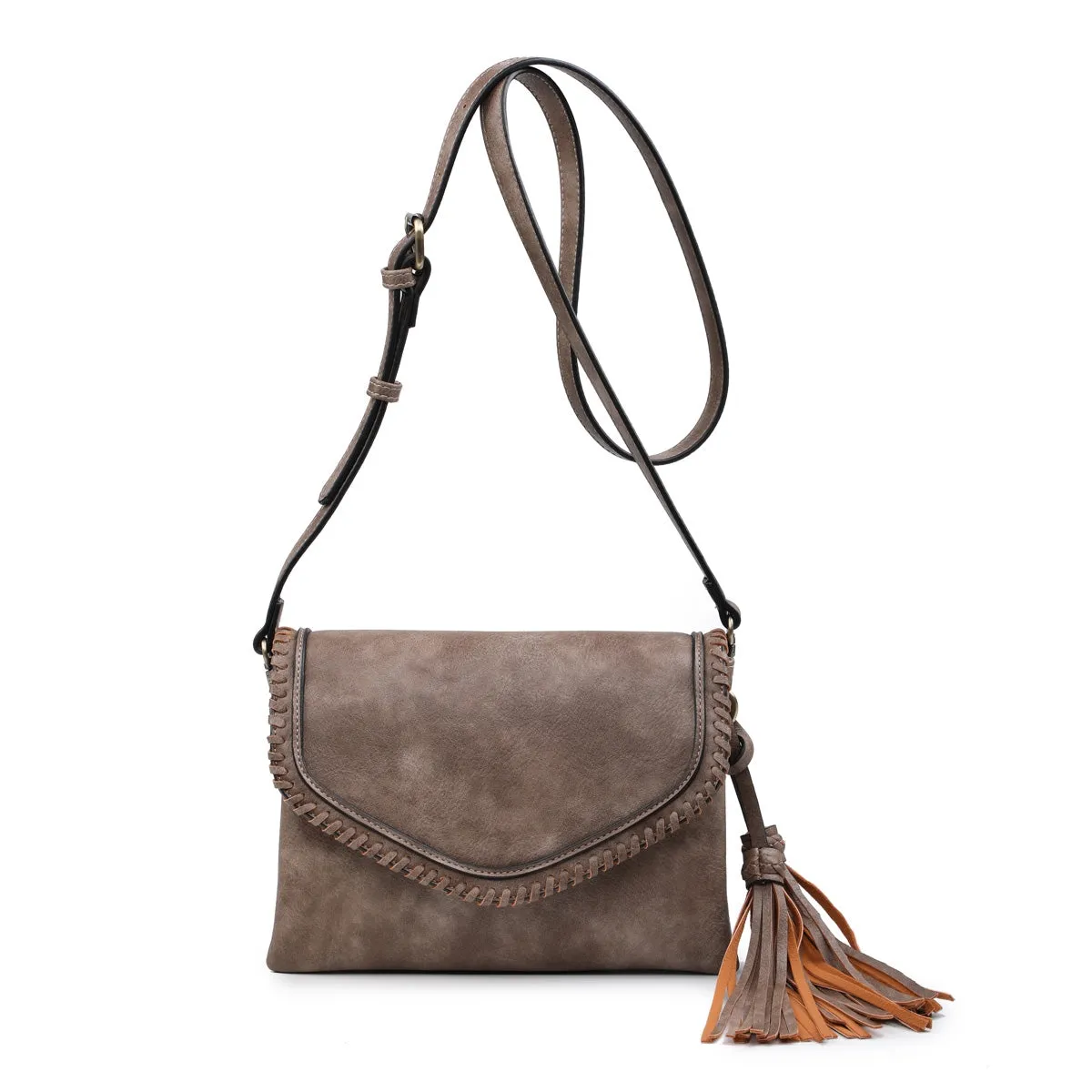 M1802A Flapover Crossbody w/ Whipstitch & Double Tassel