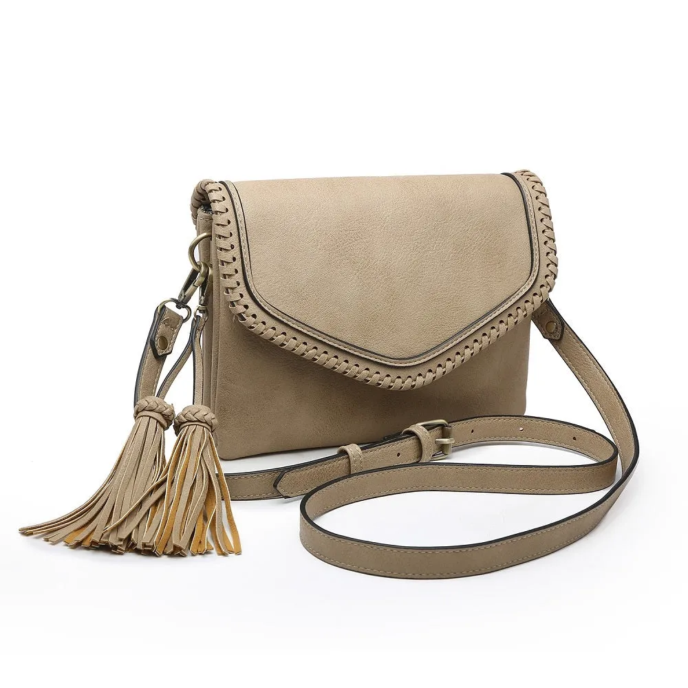 M1802A Flapover Crossbody w/ Whipstitch & Double Tassel