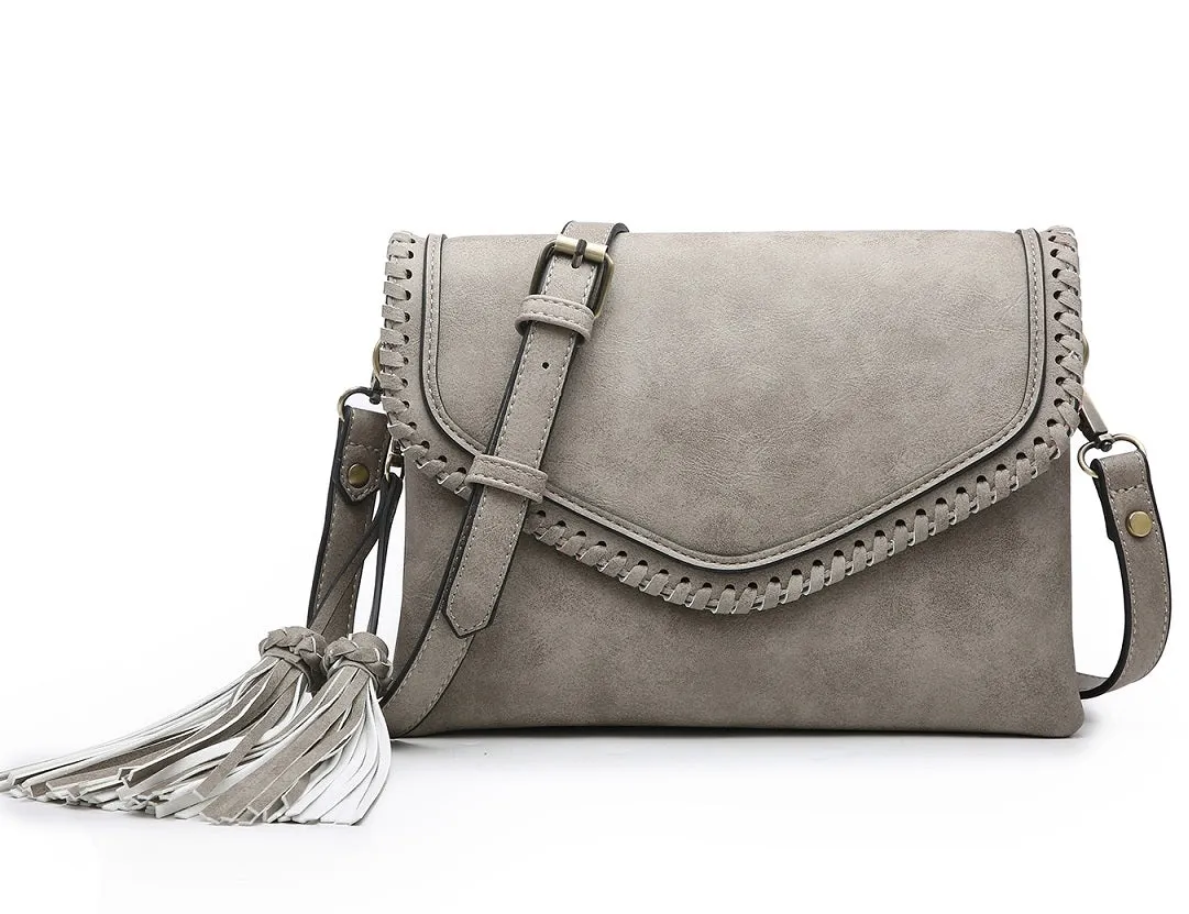 M1802A Flapover Crossbody w/ Whipstitch & Double Tassel
