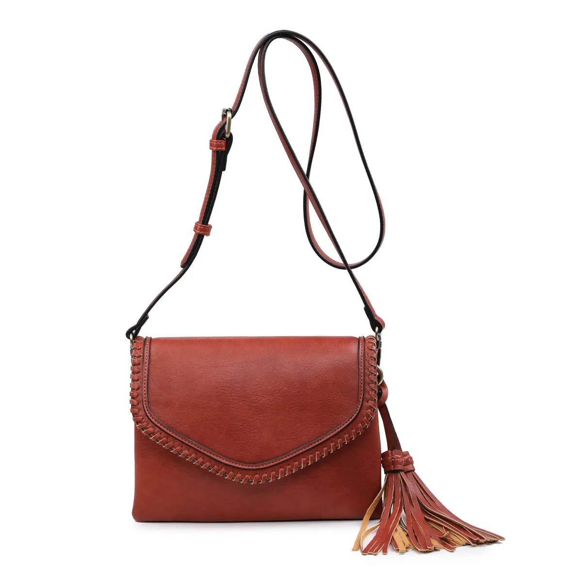 M1802A Flapover Crossbody w/ Whipstitch & Double Tassel