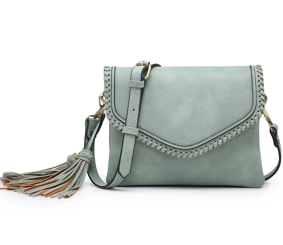 M1802A Flapover Crossbody w/ Whipstitch & Double Tassel
