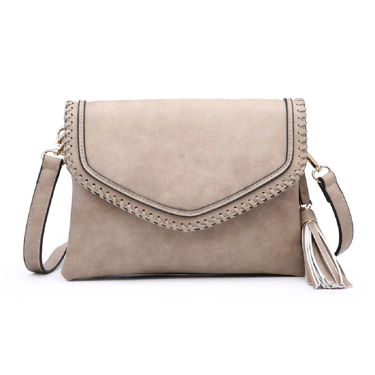 M1802A Flapover Crossbody w/ Whipstitch & Double Tassel