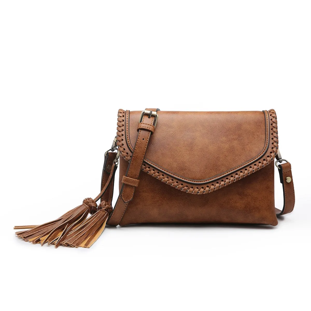 M1802A Flapover Crossbody w/ Whipstitch & Double Tassel