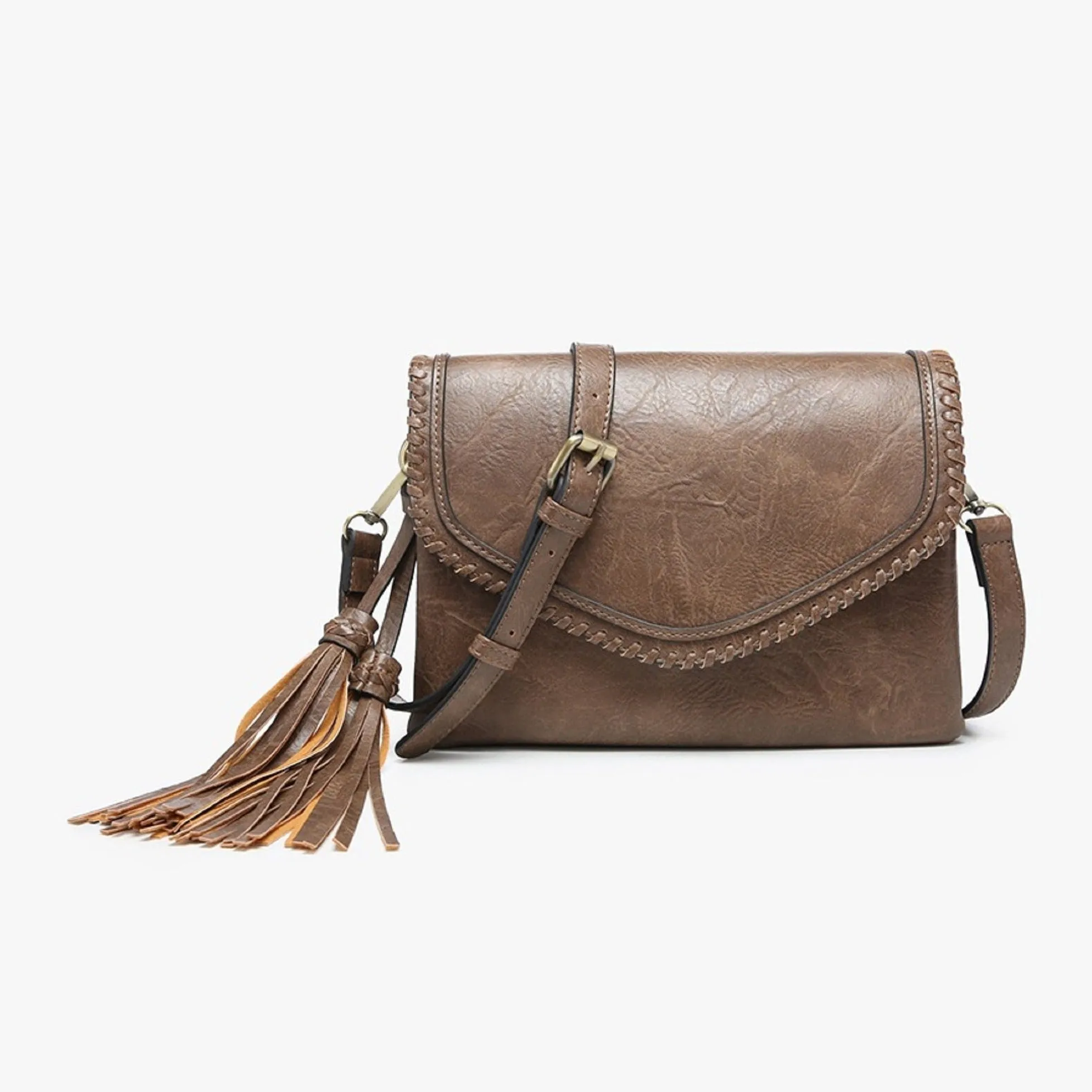 M1802A Flapover Crossbody w/ Whipstitch & Double Tassel
