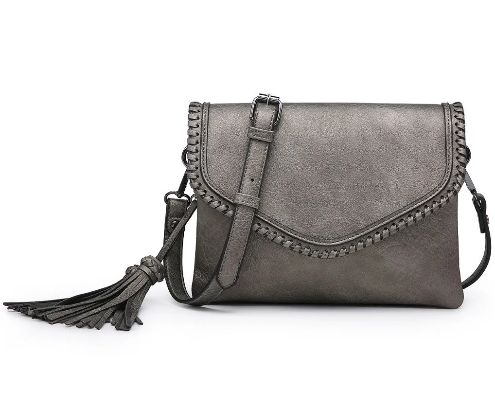 M1802A Flapover Crossbody w/ Whipstitch & Double Tassel