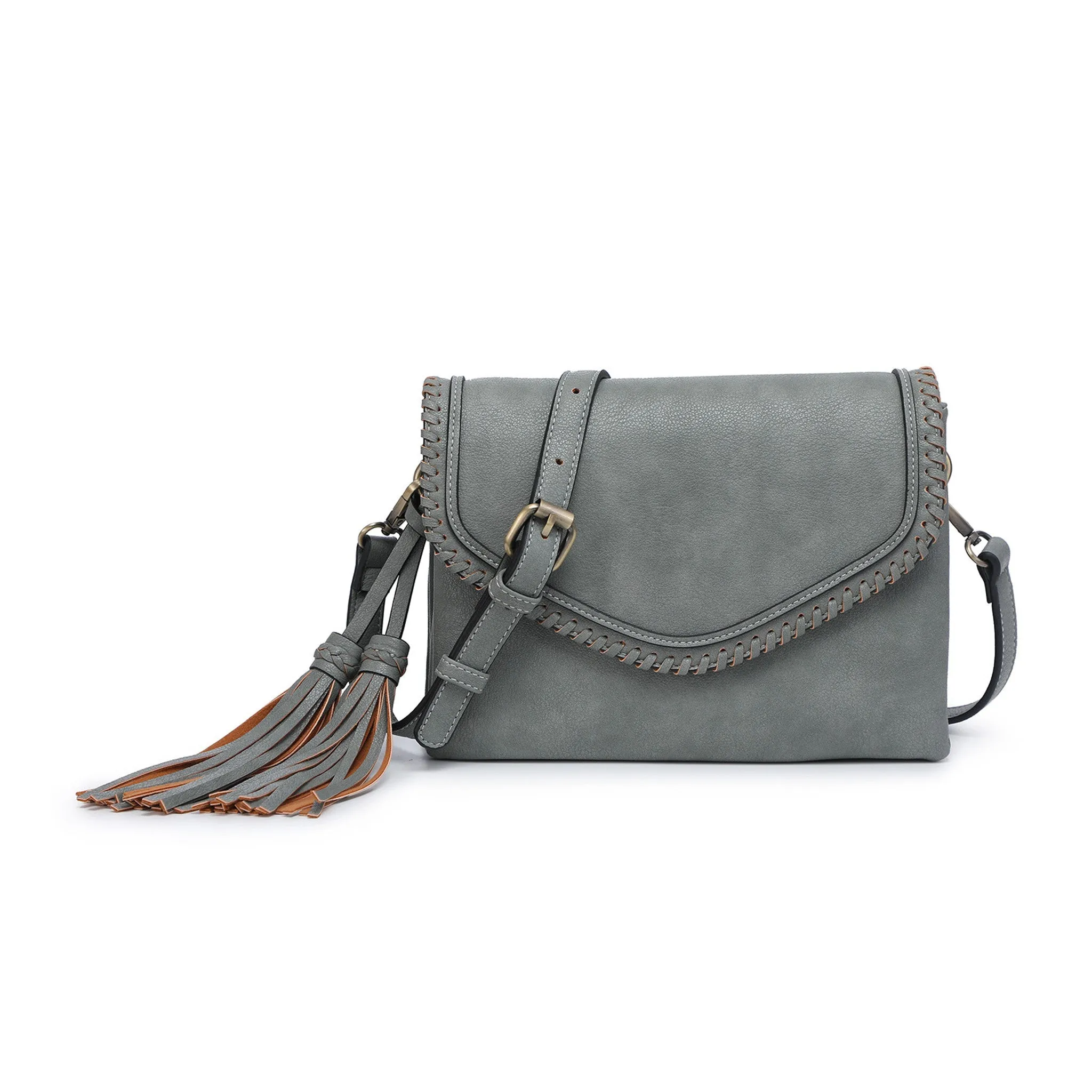 M1802A Flapover Crossbody w/ Whipstitch & Double Tassel