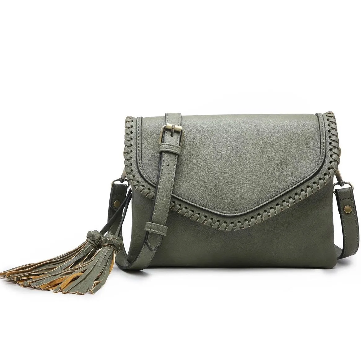 M1802A Flapover Crossbody w/ Whipstitch & Double Tassel