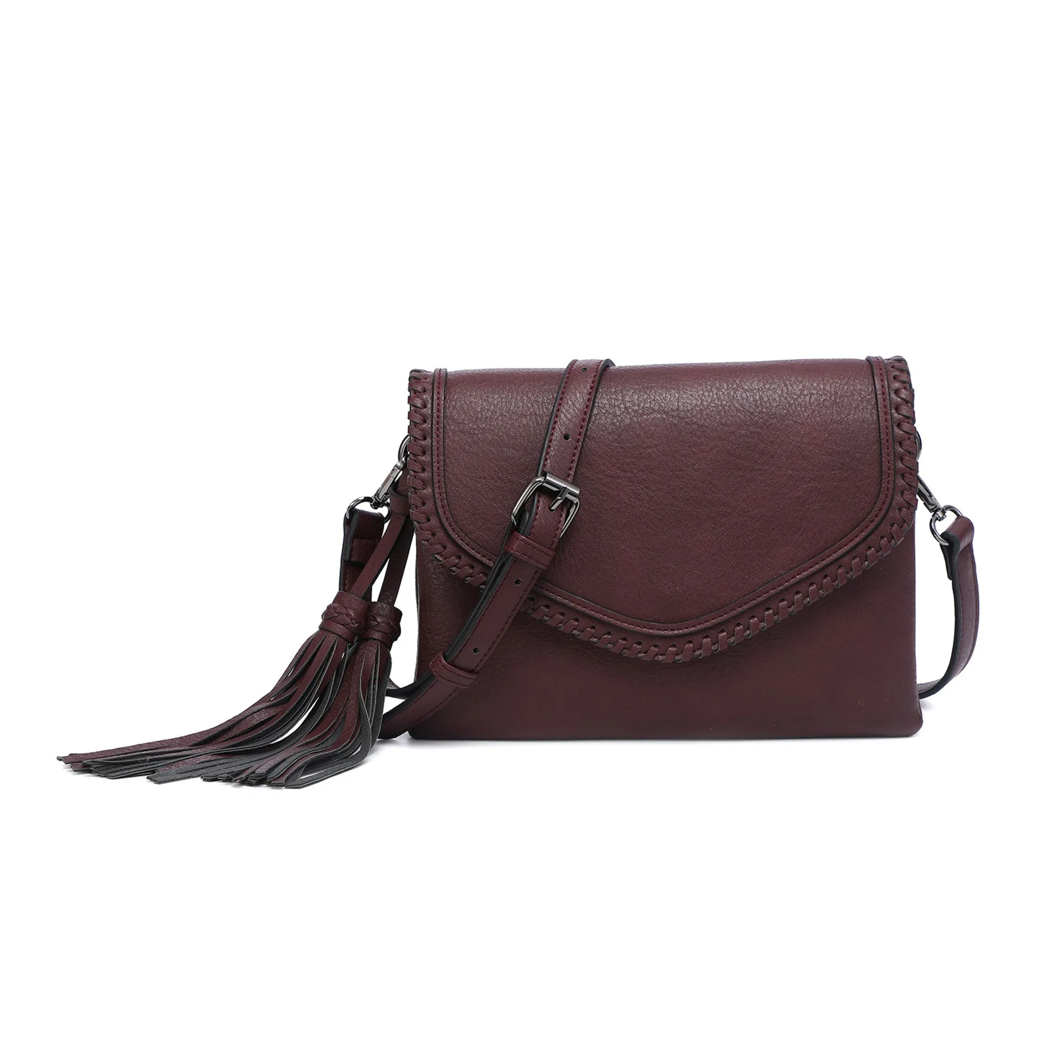 M1802A Flapover Crossbody w/ Whipstitch & Double Tassel
