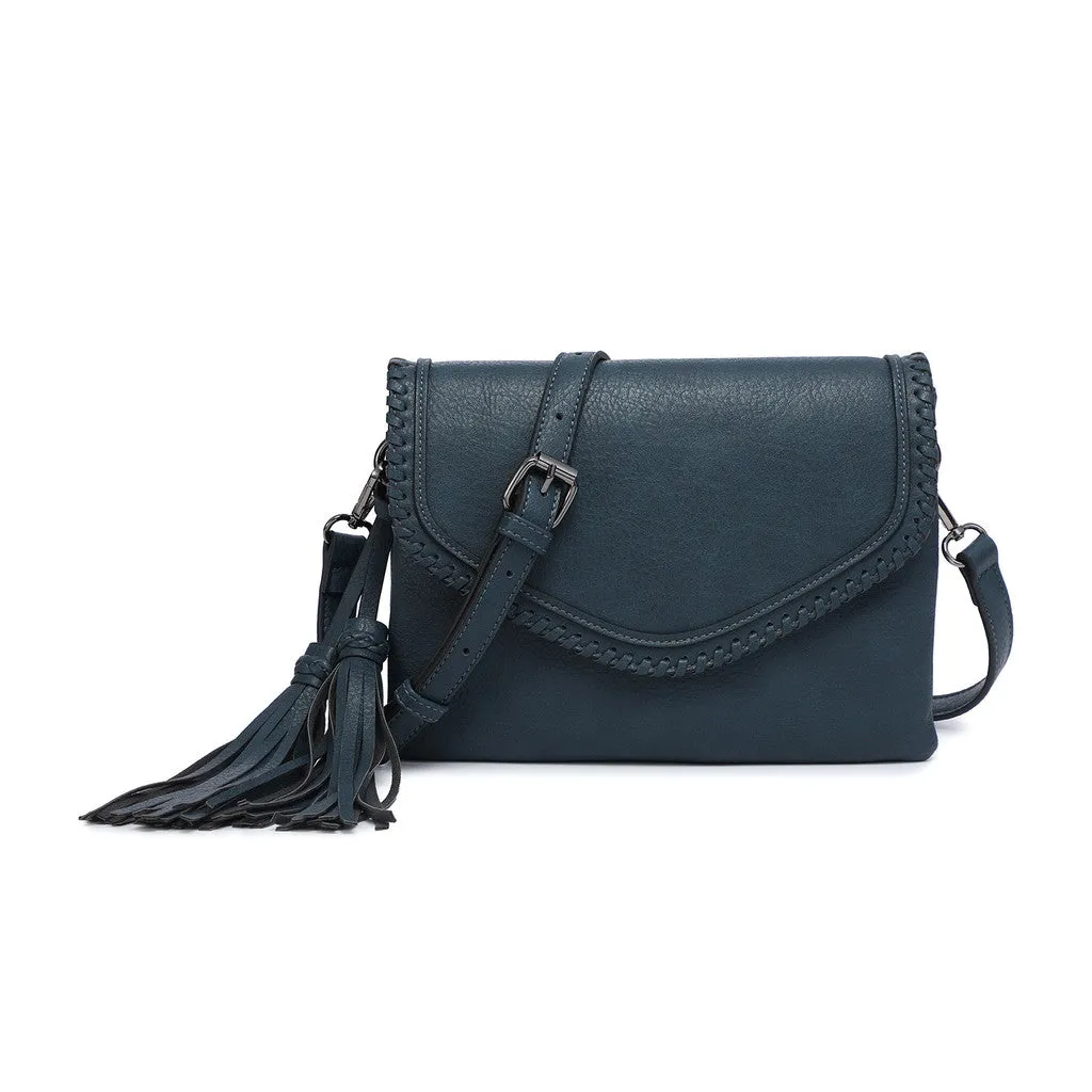 M1802A Flapover Crossbody w/ Whipstitch & Double Tassel