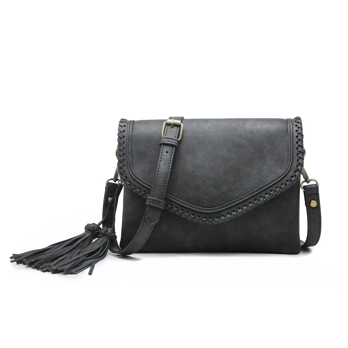 M1802A Flapover Crossbody w/ Whipstitch & Double Tassel