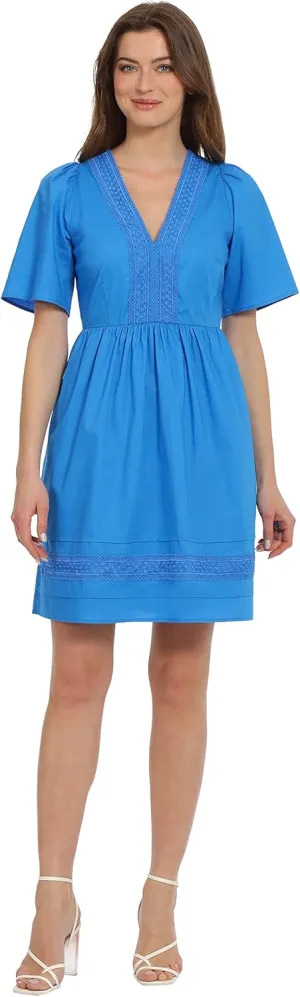 Maggy London Women's V-Neck Cotton Lace Trim Day Dress Vacation Resort Event Guest of