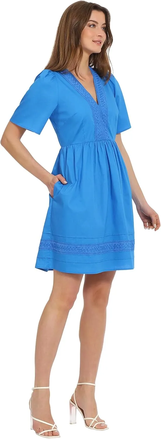 Maggy London Women's V-Neck Cotton Lace Trim Day Dress Vacation Resort Event Guest of