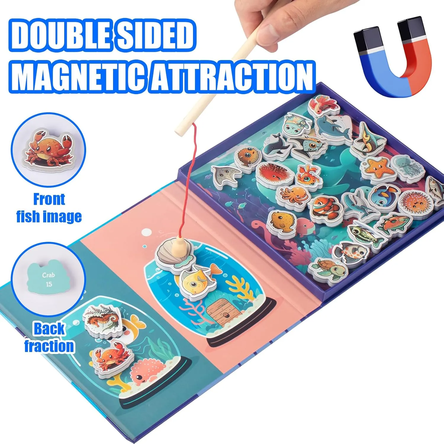 Magnetic Fishing Game for Toddlers -Travel Toys 3-5 Airplane Essentials - Mess-Free Camping & Car Trip Activity - Wooden Learning Toy with 27 Fish
