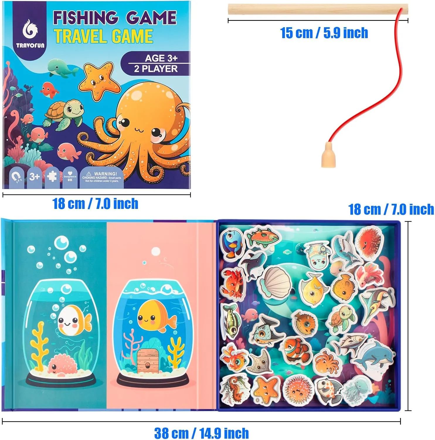 Magnetic Fishing Game for Toddlers -Travel Toys 3-5 Airplane Essentials - Mess-Free Camping & Car Trip Activity - Wooden Learning Toy with 27 Fish