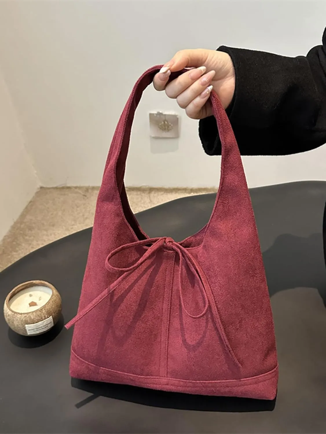 MakeMeChic Women's Faux Suede Shoulder Bag Bow Top Handle Travel Tote Handbag
